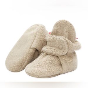 Zutano Cozie Fleece Gripper-style booties in khaki, 6 months
